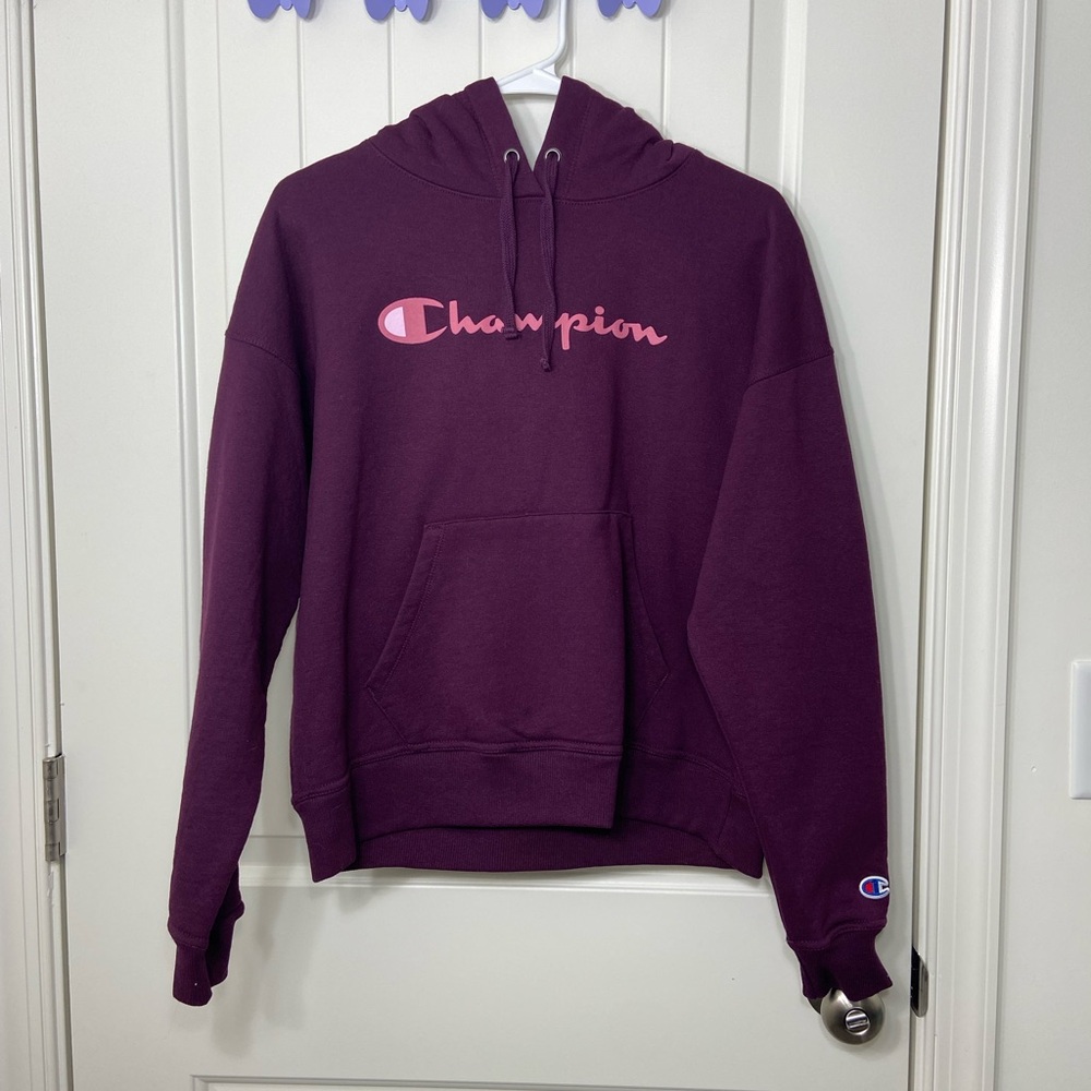 EUC Champion women’s dark purple pink logo pullover hooded sweatshirt small